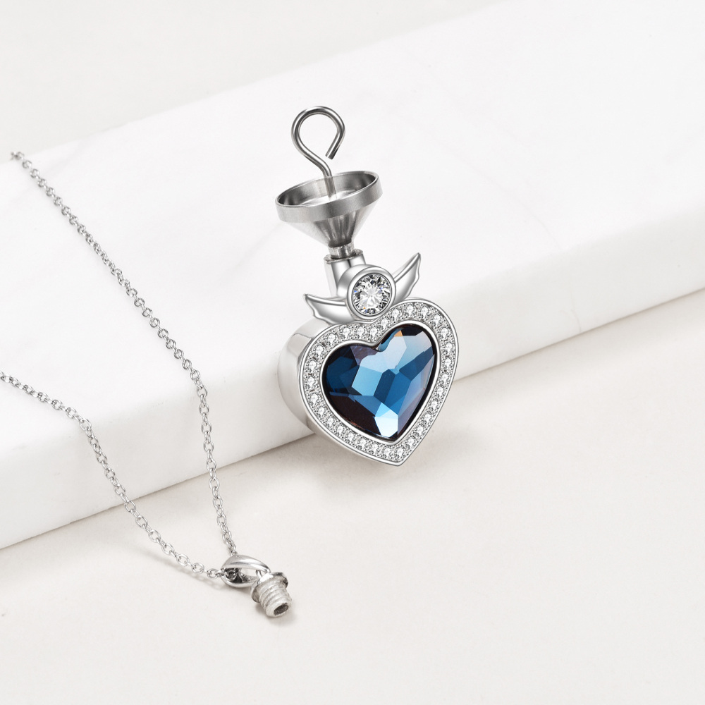 Sterling Silver Heart Crystal Angel Wing Urn Necklace For Ashes-4