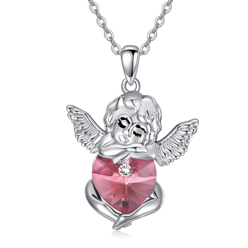 Sterling Silver Heart Crystal Angel Wings Pendant Necklace-18