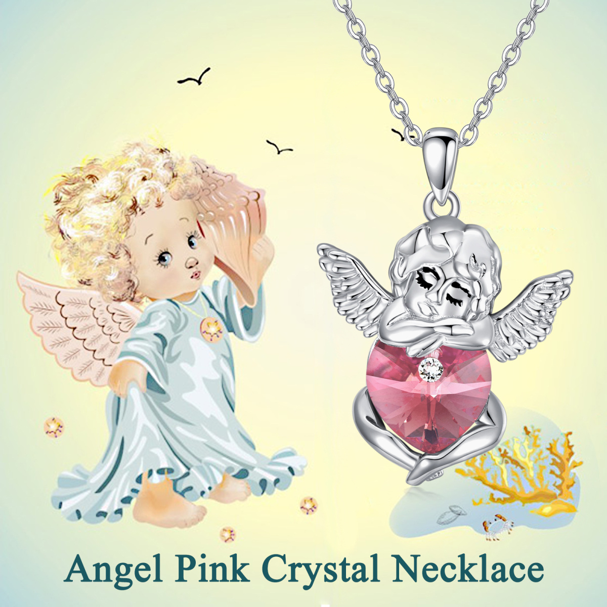 Sterling Silver Heart Crystal Angel Wings Pendant Necklace-5