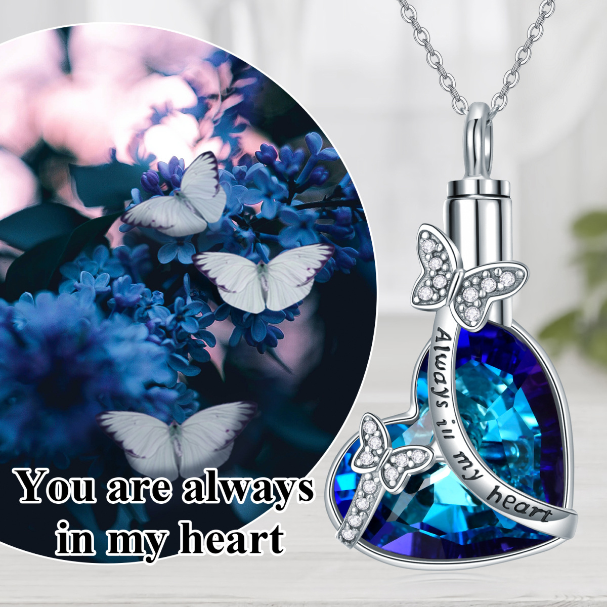 Sterling Silver Heart Crystal With Butterfly Urn Necklace For Ashes With Engraved Word For Women-3