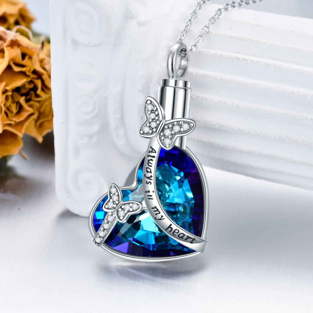 Sterling Silver Heart Crystal With Butterfly Urn Necklace For Ashes With Engraved Word For Women-4