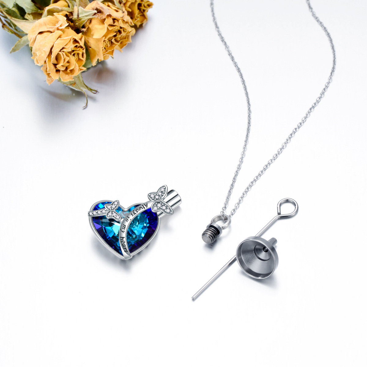 Sterling Silver Heart Crystal With Butterfly Urn Necklace For Ashes With Engraved Word For Women-5