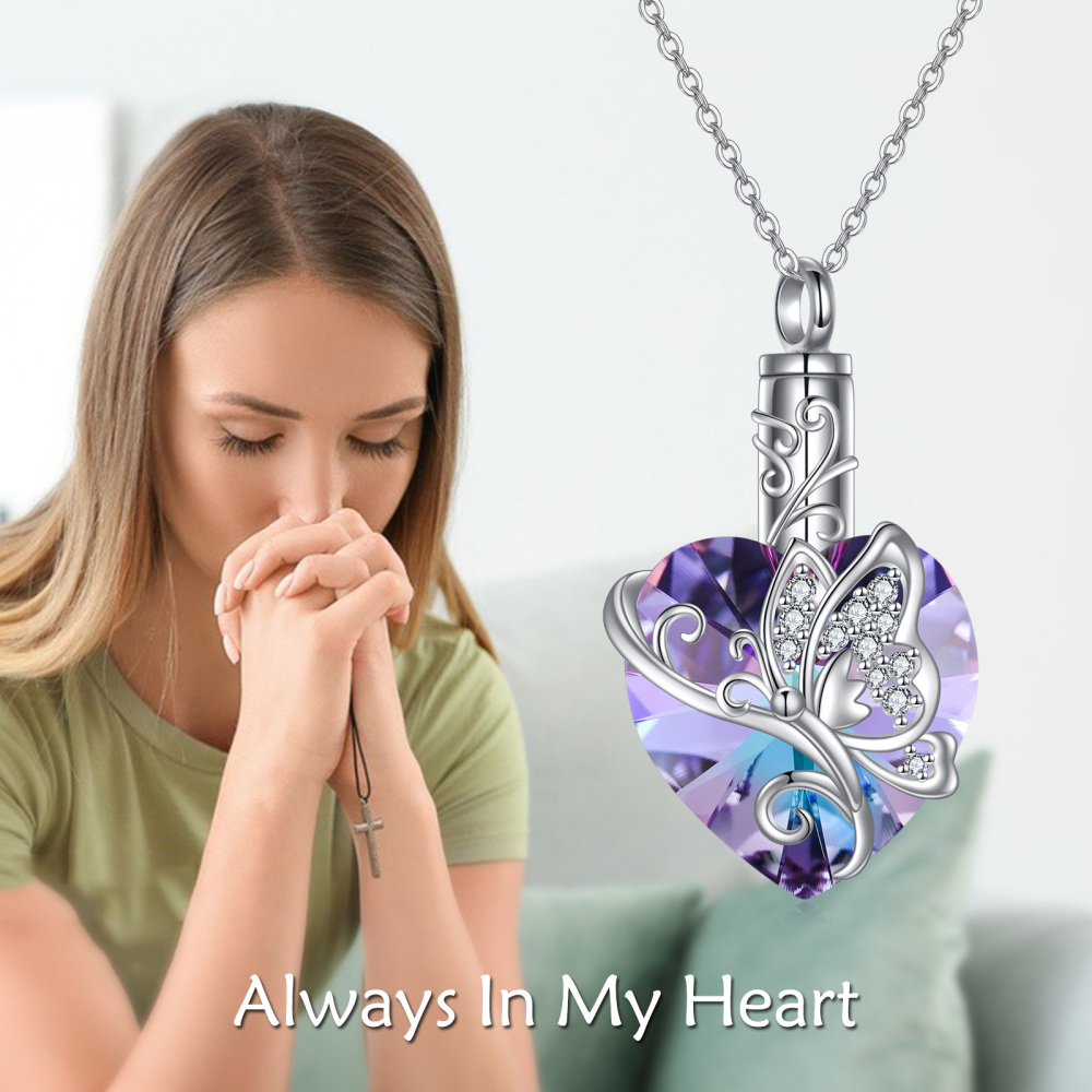 Sterling Silver Heart Crystal Butterfly Urn Necklace for Ashes-3