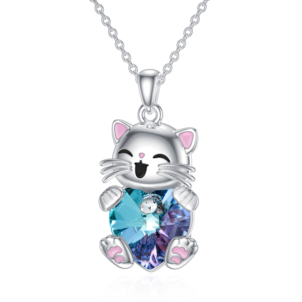 Sterling Silver Heart Crystal Cat Necklace for Women-1