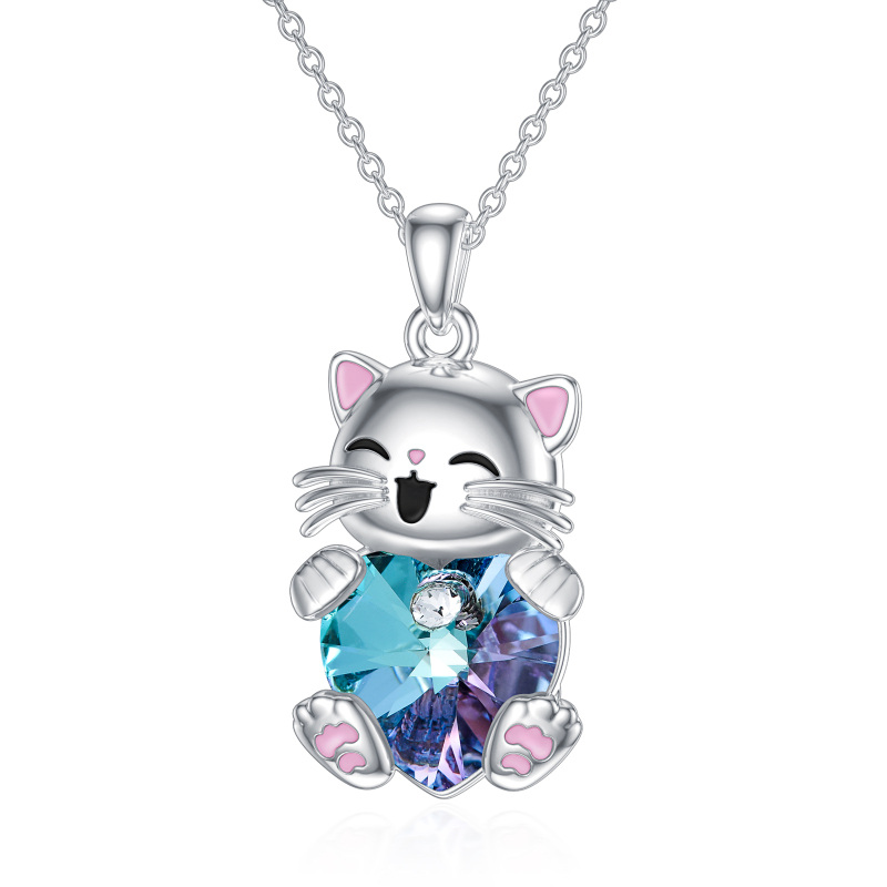 Sterling Silver Heart Crystal Cat Necklace for Women-12