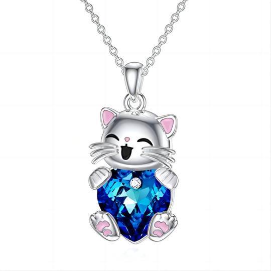 Sterling Silver Heart Crystal Cat Pendant Necklace