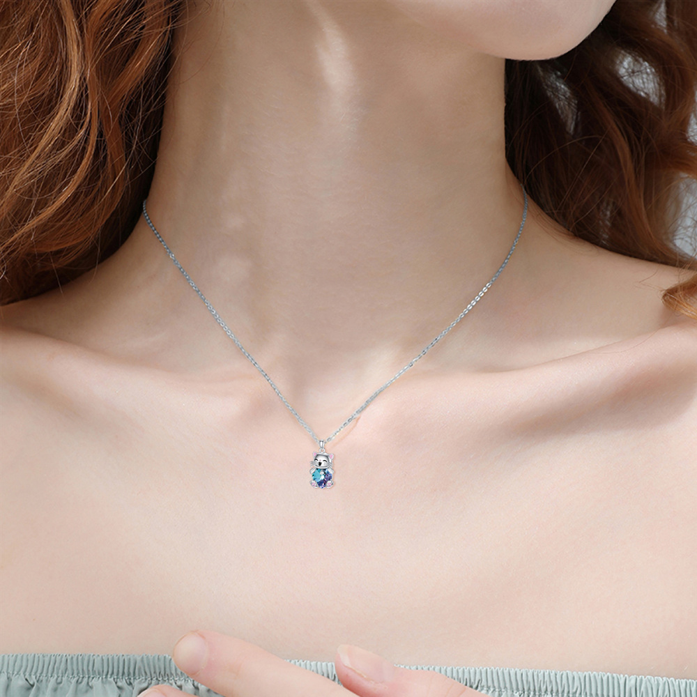 Sterling Silver Heart Crystal Cat Necklace for Women-2