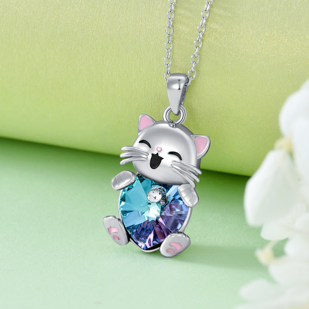Sterling Silver Heart Crystal Cat Necklace for Women-3