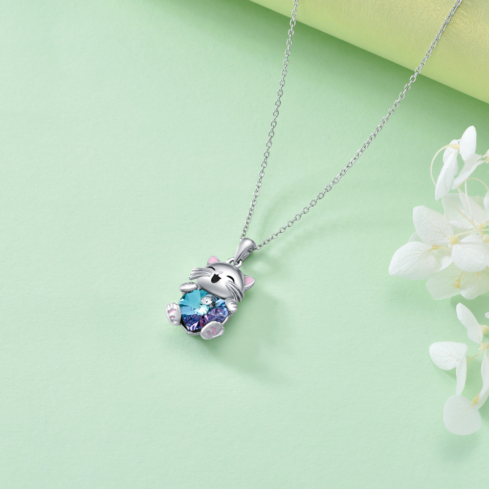 Sterling Silver Heart Crystal Cat Necklace for Women-4