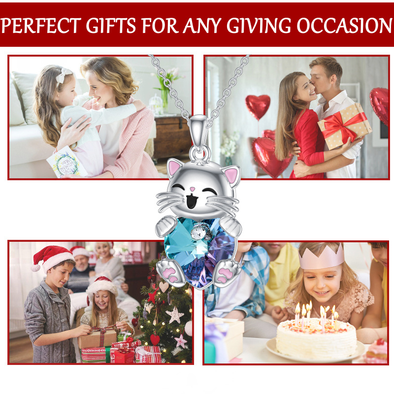 Colar de gato de cristal de coração de prata esterlina para mulheres-6