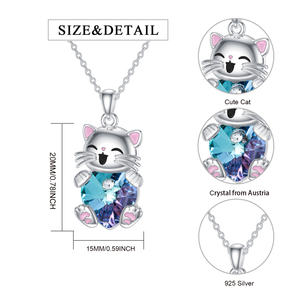 Sterling Silver Heart Crystal Cat Necklace for Women-5