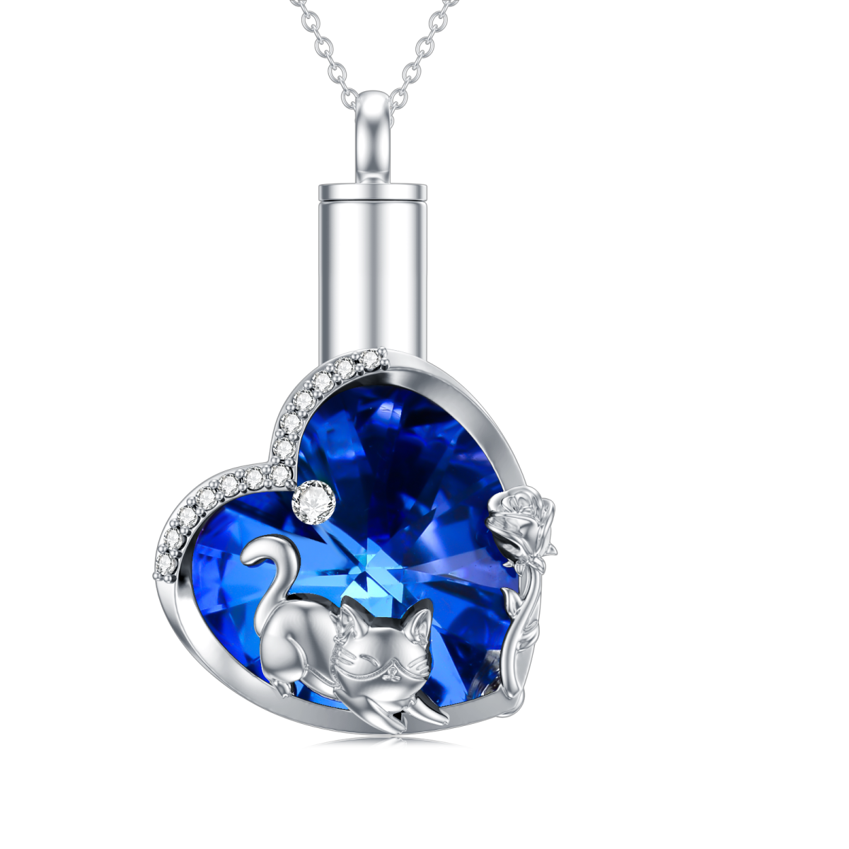 Sterling Silver Heart Crystal Cat & Rose Heart Urn Necklace For Ashes For Women-2