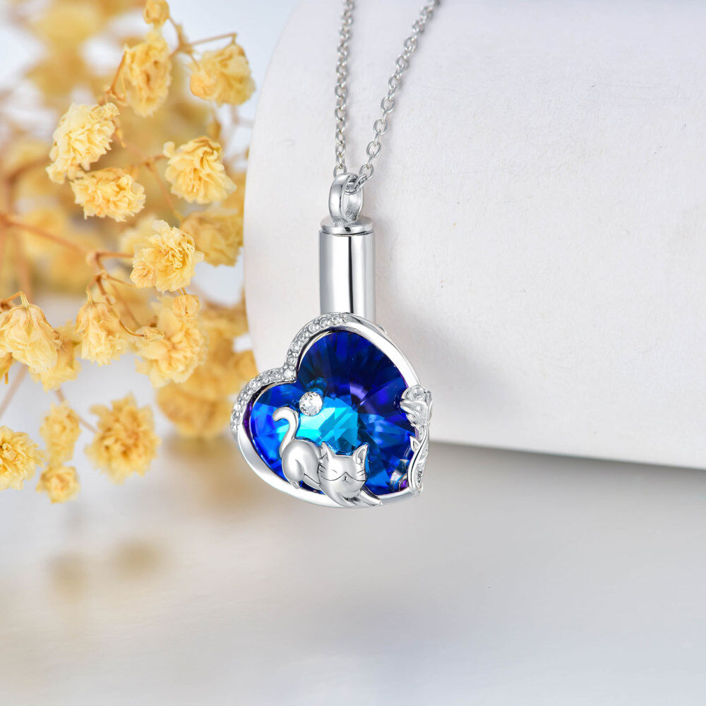 Sterling Silver Heart Crystal Cat & Rose Heart Urn Necklace For Ashes For Women-2