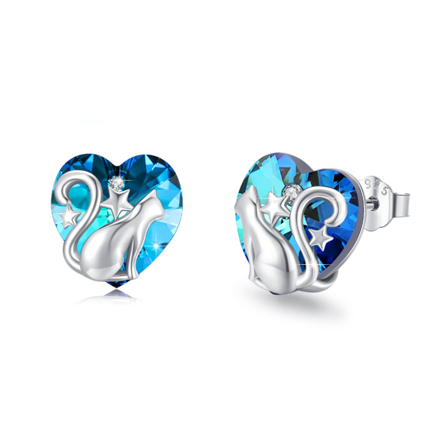 Sterling Silver Heart Crystal Cat & Heart Stud Earrings-3