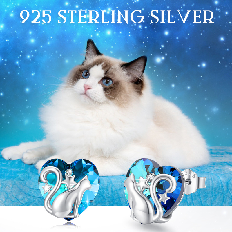 Brincos de prata esterlina com coração e cristal para gato, melhor amiga feminina-4