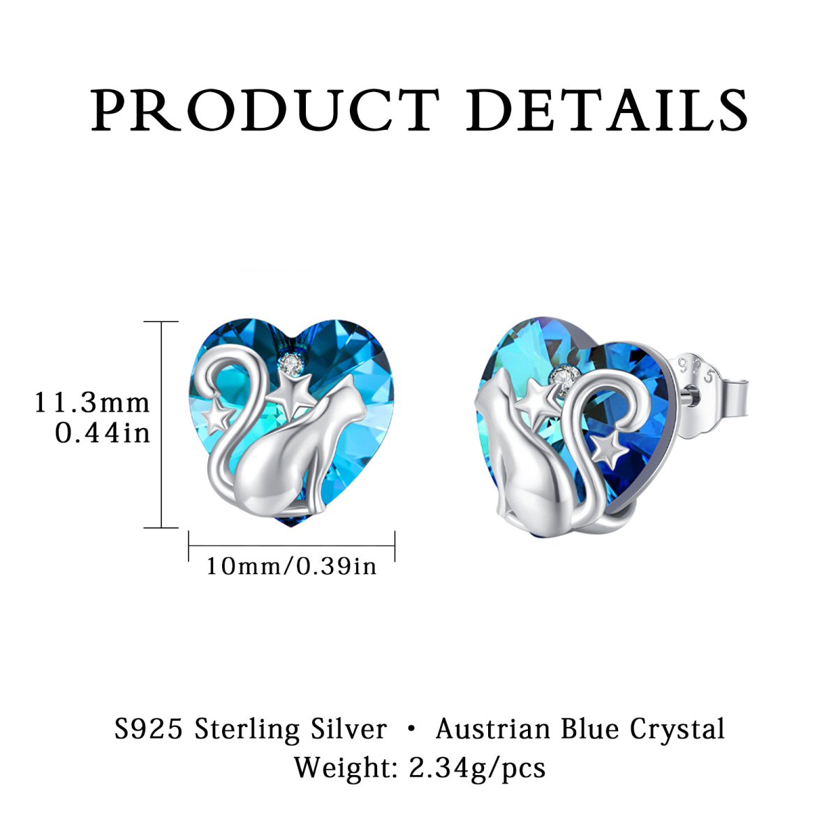 Sterling Silver Heart Crystal Cat Stud Earrings For Women Best Friend-5