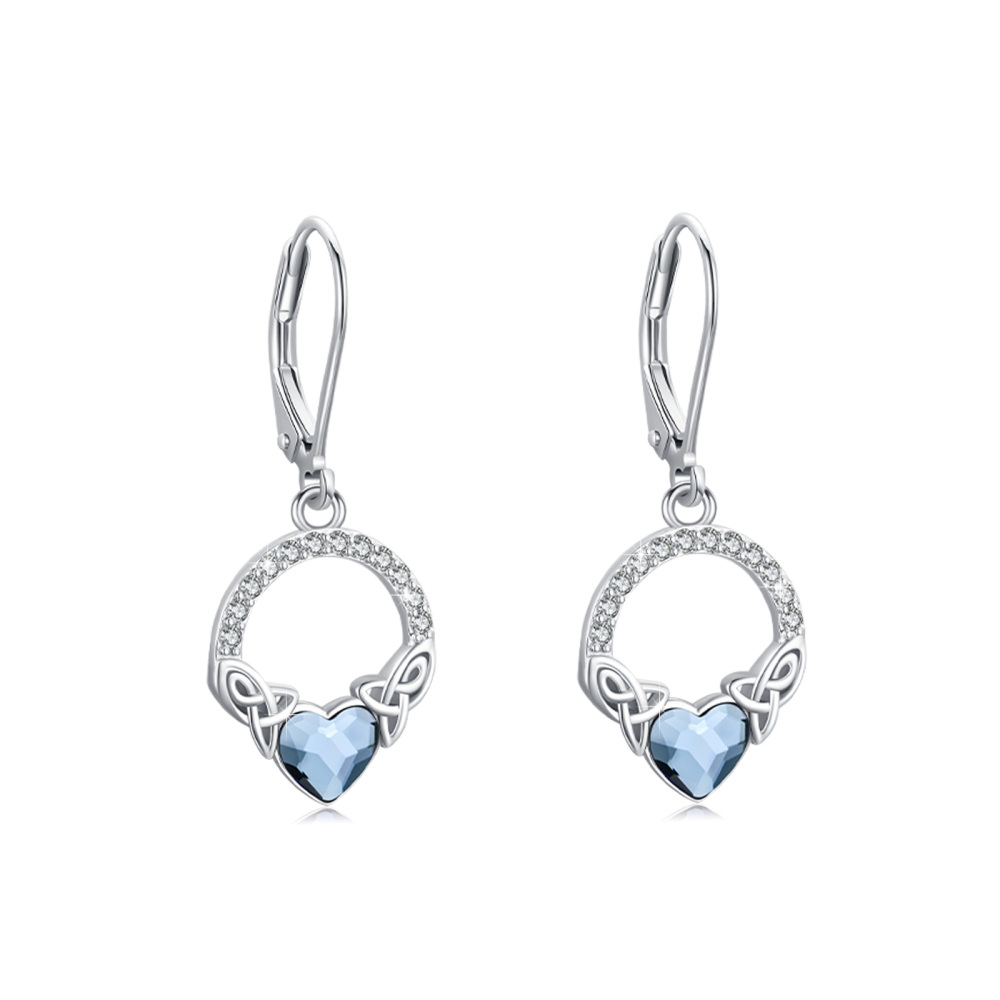 Brincos de prata esterlina com coração de cristal e zircónias cúbicas com nó celta e fecho-1