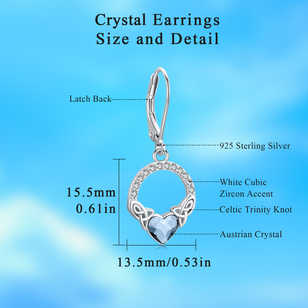 Brincos de prata esterlina com coração de cristal e zircónias cúbicas com nó celta e fecho-5