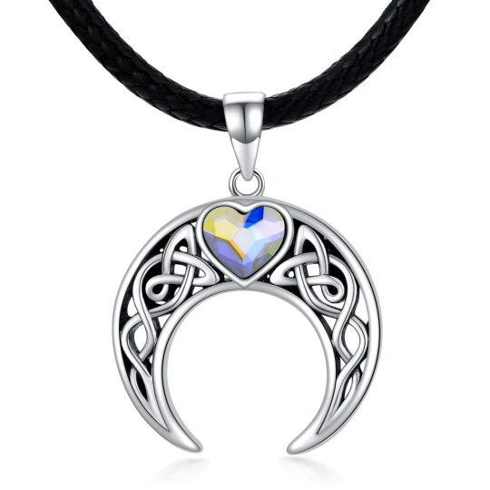 Collana a girocollo in argento sterling con cuore e cristallo celtico, cuore e luna