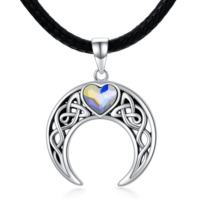 Sterling Silver Heart Crystal Celtic Knot & Heart & Moon Flannel Choker Necklace-3