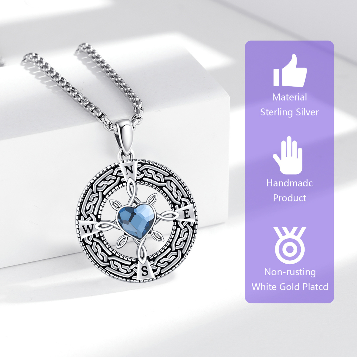 Sterling Silver Heart Crystal Compass Pendant Necklace-5