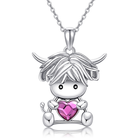 Sterling Silver Heart Crystal Cow Pendant Necklace