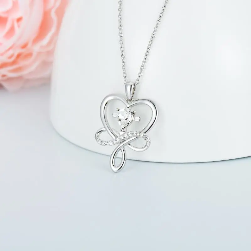 Sterling Silver Heart Crystal Cross & Infinite Symbol Pendant Necklace-3