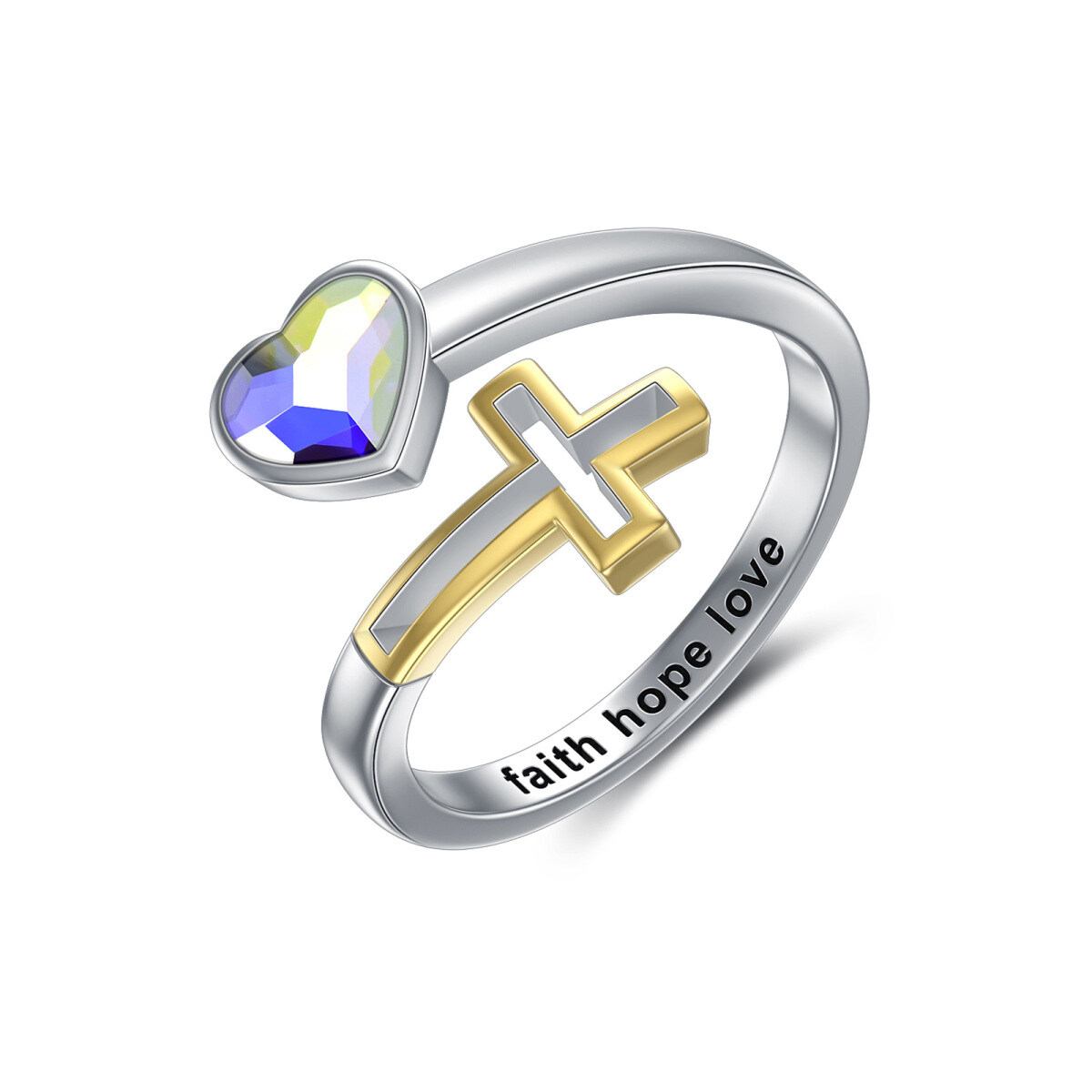 Offener Ring aus Sterlingsilber mit Herz- und Kristallkreuz-1