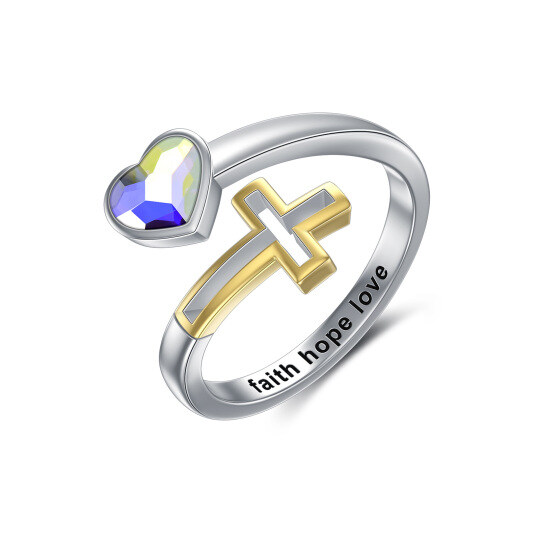 Offener Ring aus Sterlingsilber mit Herz- und Kristallkreuz