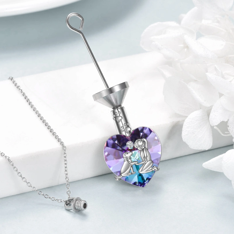 Sterling Silver Heart Crystal Dog & Ivy Heart Urn Necklace for Ashes for Women-4