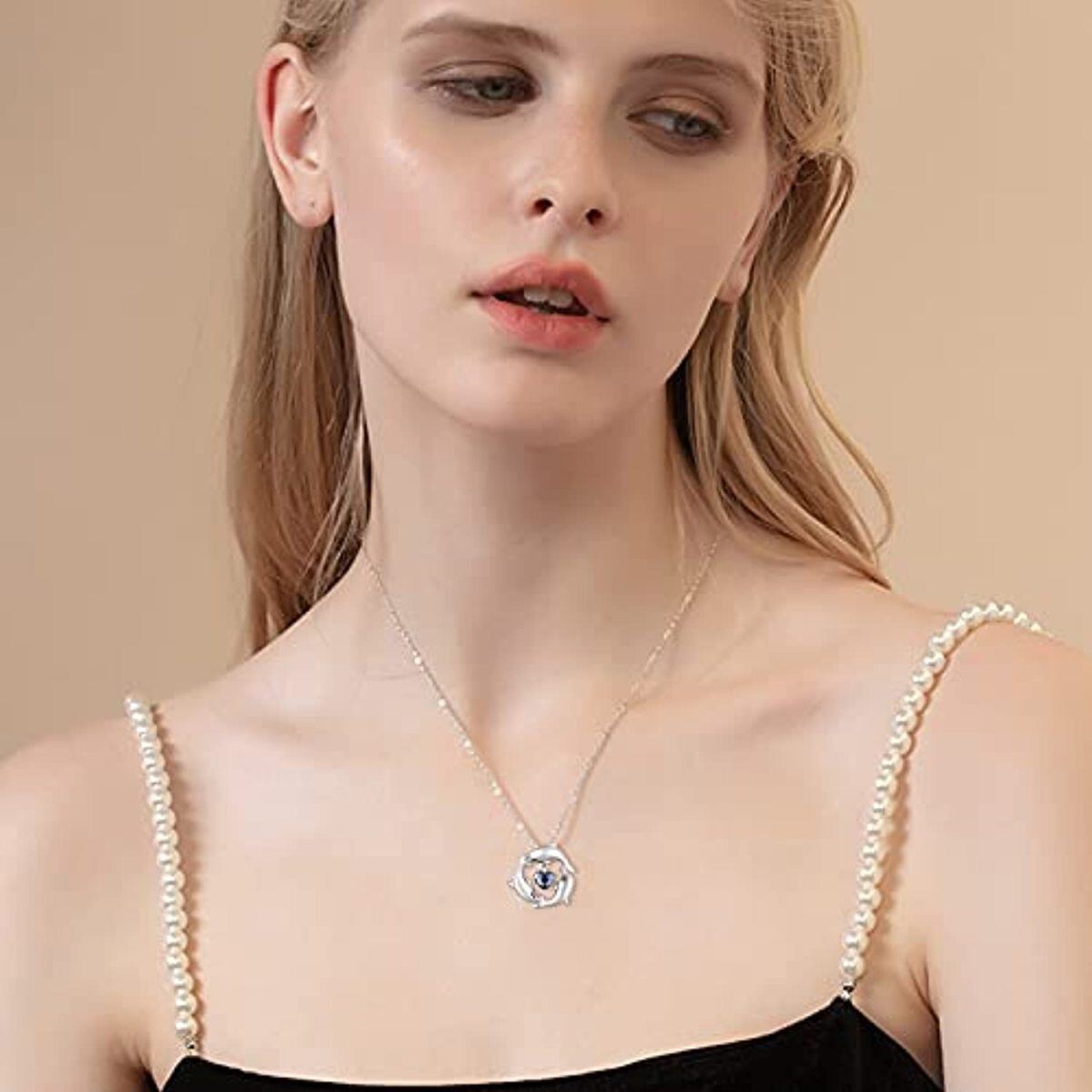 Collar con colgante de delfín y cristal de corazón de plata de ley para mujer-2