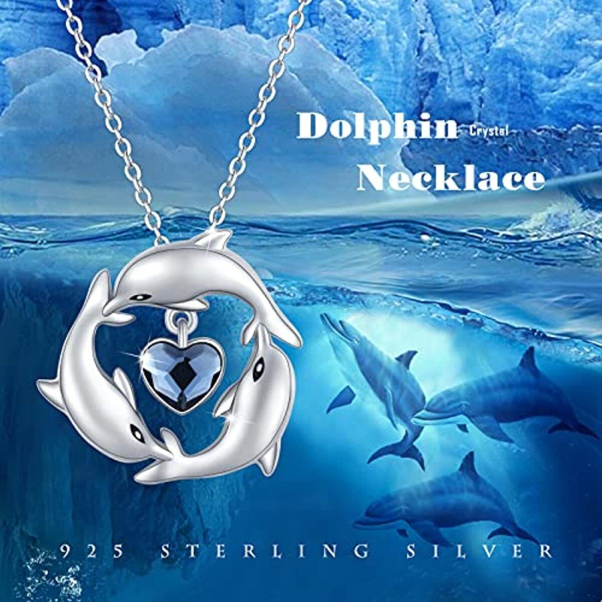 Sterling Silver Heart Crystal Dolphin Pendant Necklace For Women-4