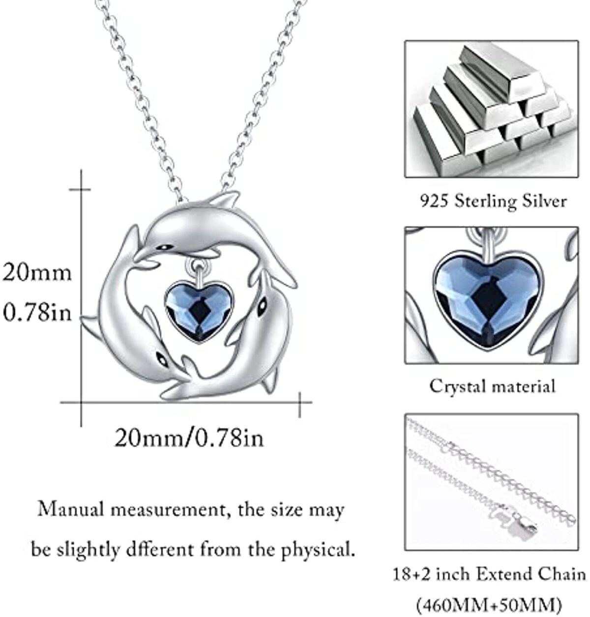 Sterling Silver Heart Crystal Dolphin Pendant Necklace For Women-5