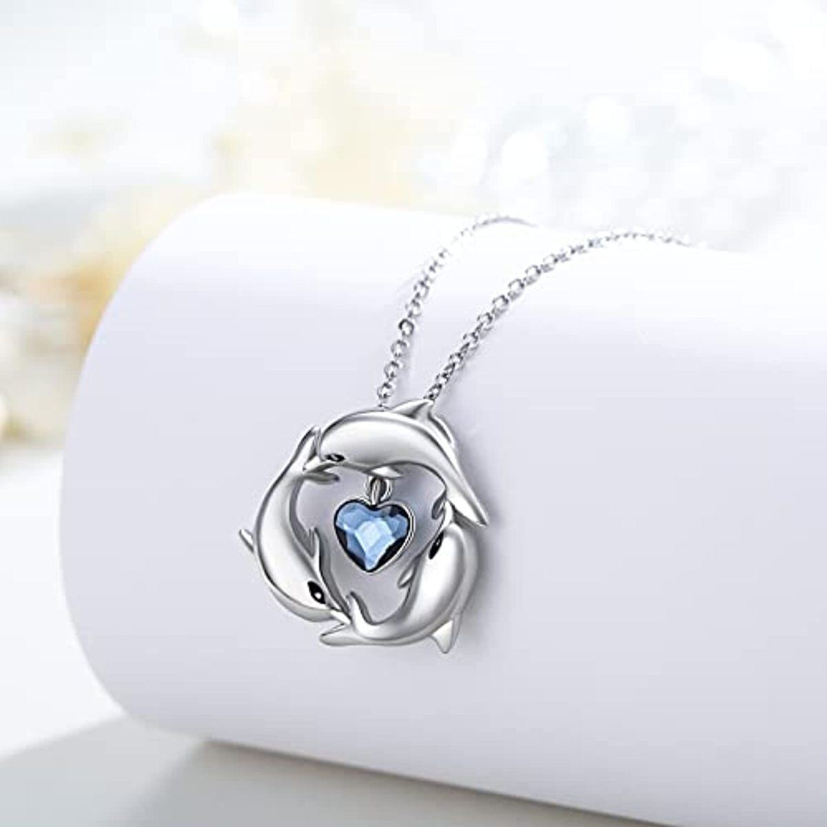 Collar con colgante de delfín y cristal de corazón de plata de ley para mujer-6