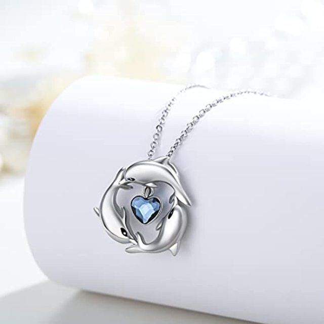 Sterling Silver Heart Crystal Dolphin & Heart Pendant Necklace-6