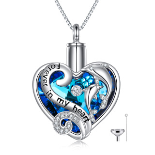 Sterling Silver Crystal Dolphin Heart With Engraved Word Urn Necklace-7