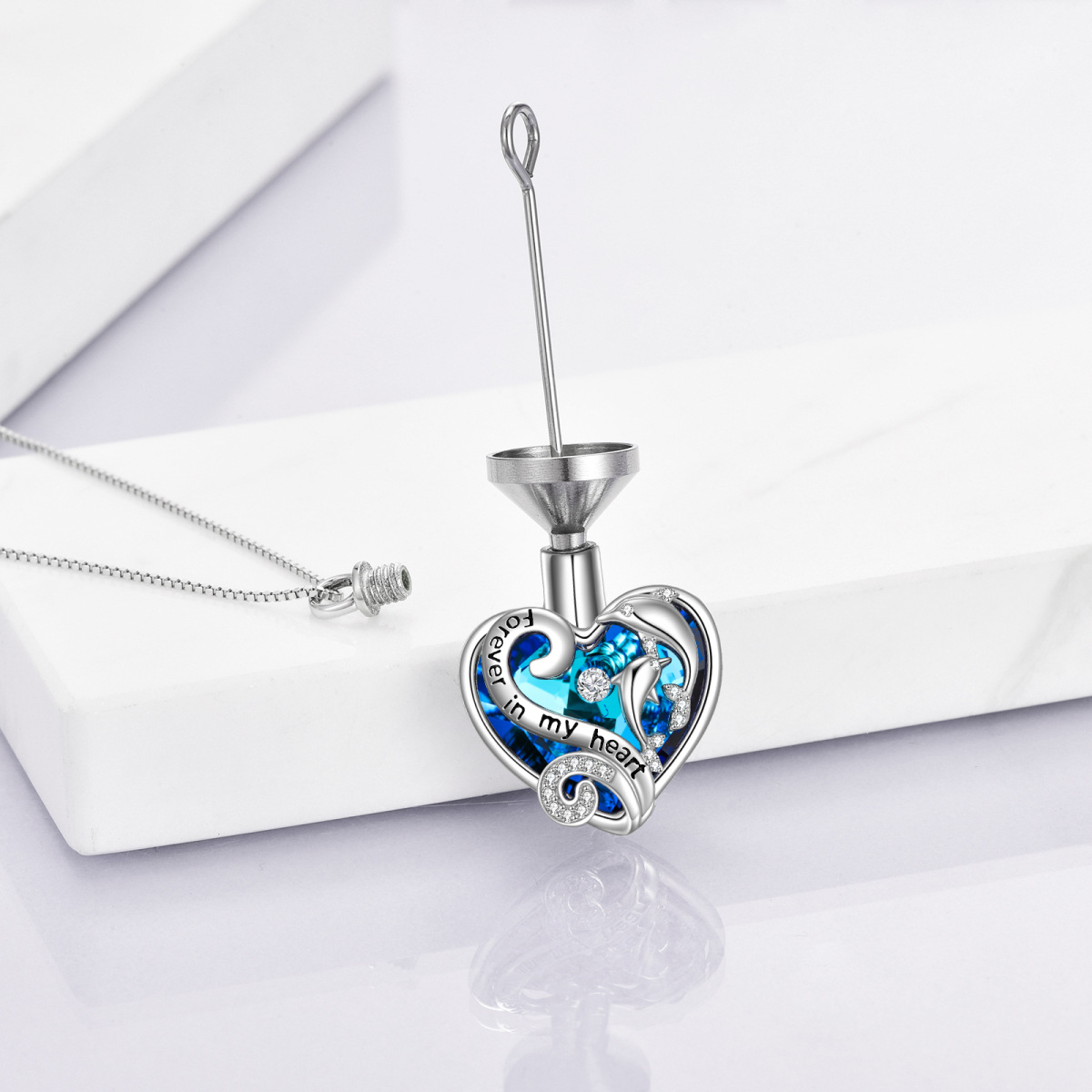 Sterling Silver Crystal Dolphin Heart With Engraved Word Urn Necklace-4