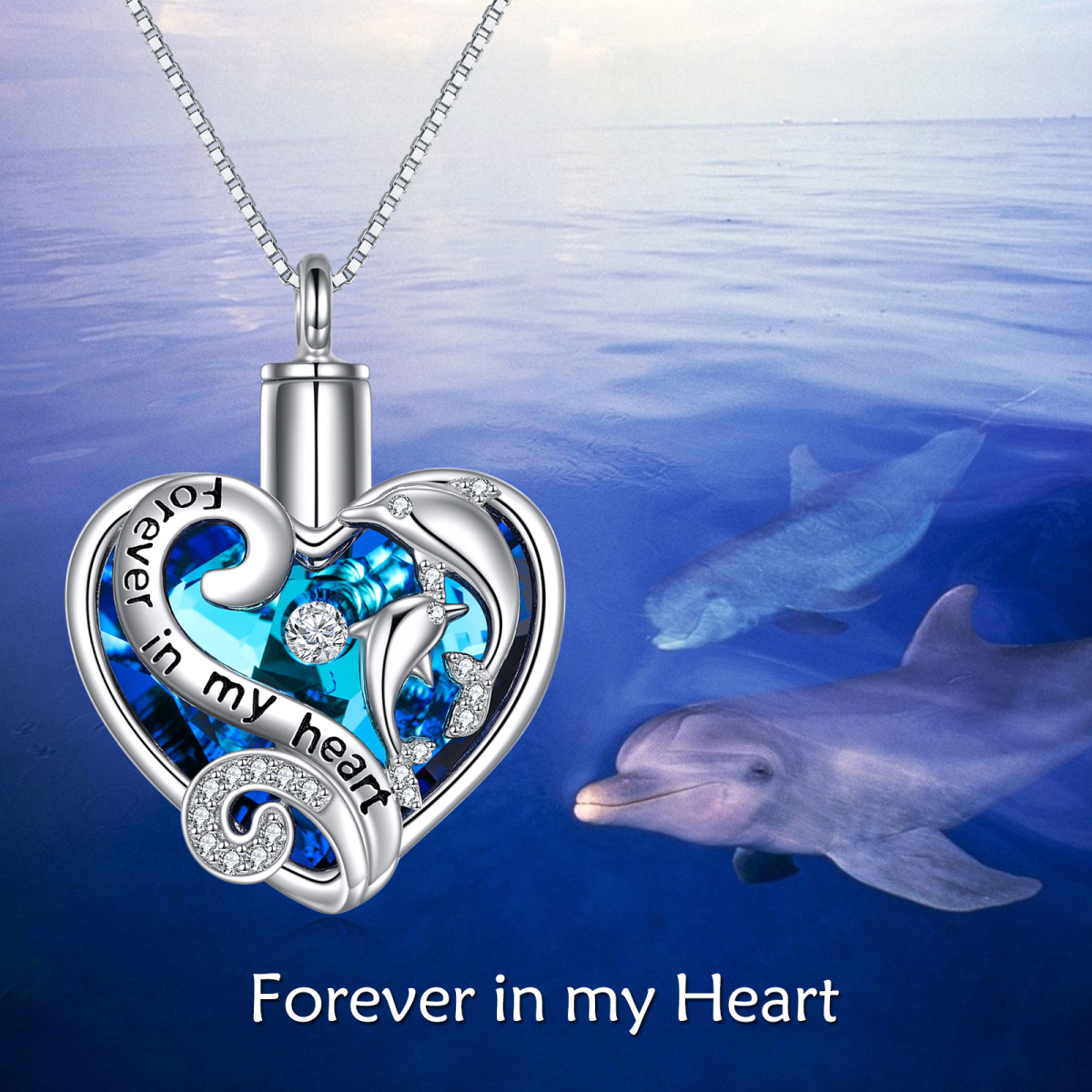 Sterling Silver Crystal Dolphin Heart With Engraved Word Urn Necklace-5