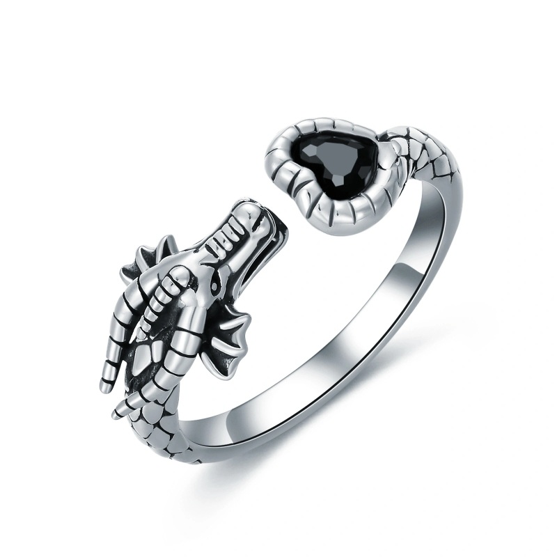 Bague ouverte en argent sterling avec cœur en cristal et dragon