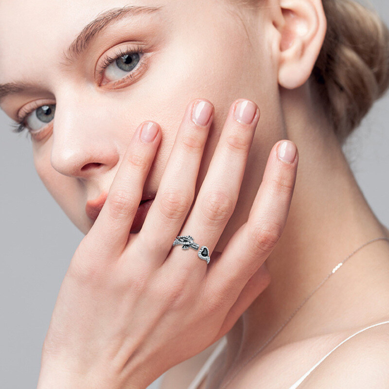 Sterling Silver Heart Crystal Dragon Open Ring-2