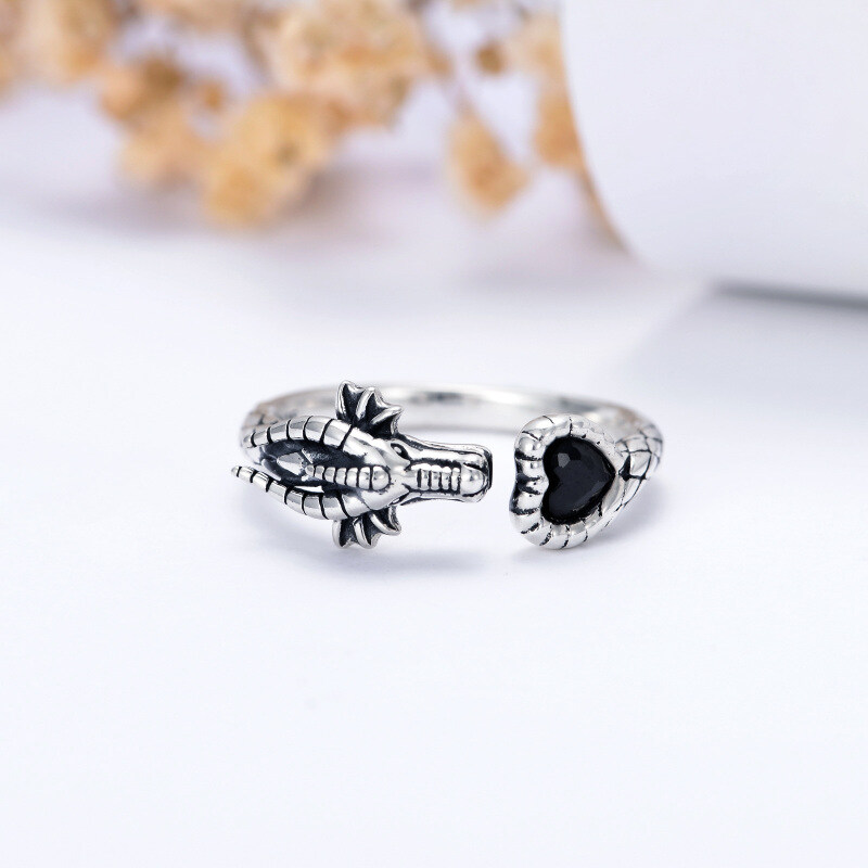 Sterling Silver Heart Crystal Dragon Open Ring-4