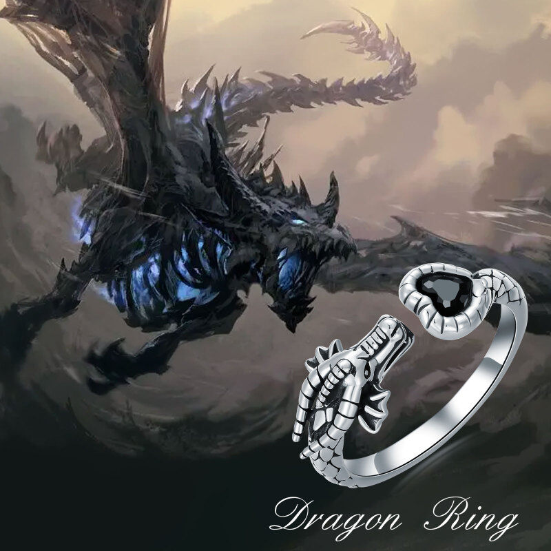 Sterling Silver Heart Crystal Dragon Open Ring-5