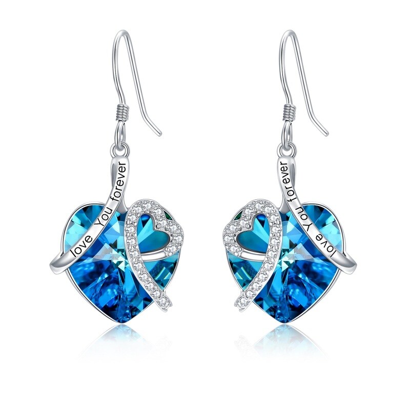 Sterling Silver Heart Blue Crystal Drop Earrings Engraved I Love You Forever