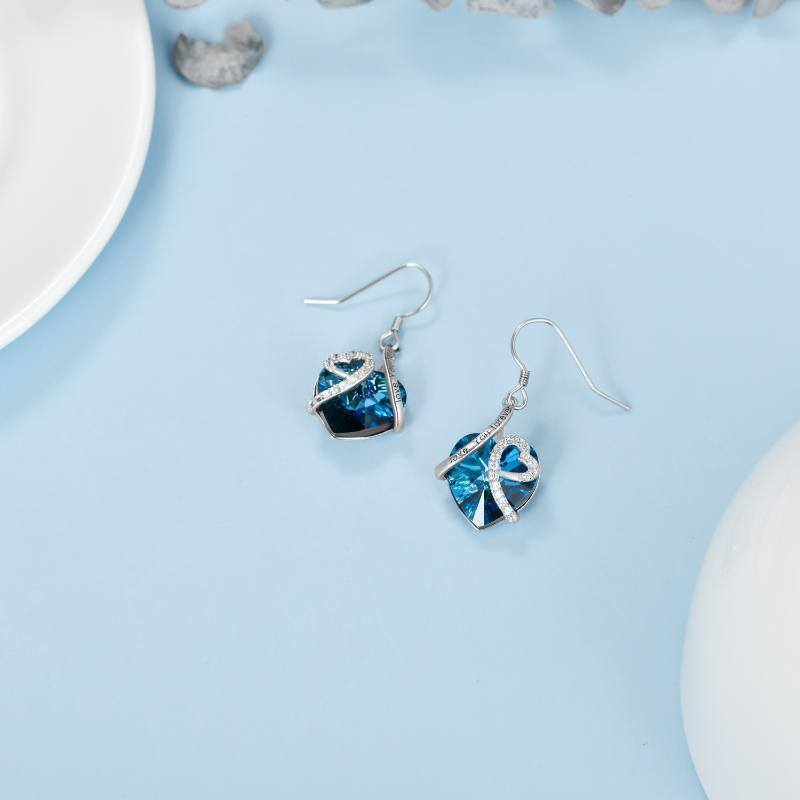 Sterling Silver Heart Shaped Crystal Heart Drop Earrings with Engraved Word-3