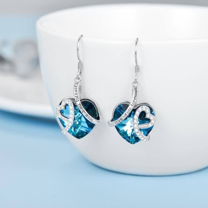 Pendientes colgantes de corazón de cristal en forma de corazón de plata de ley con palabra grabada-4