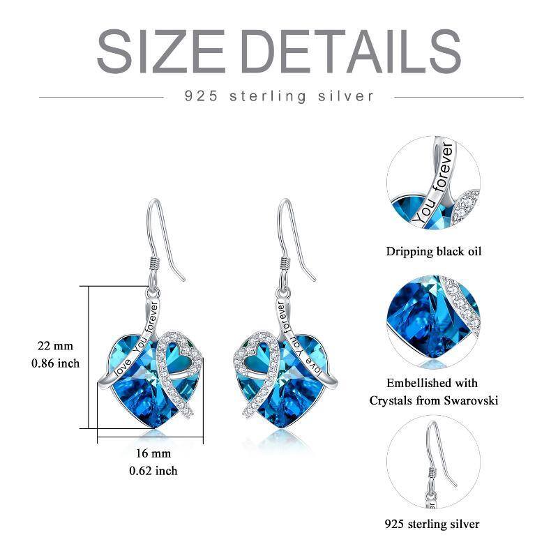 Sterling Silver Heart Crystal Heart Drop Earrings with Engraved Word-5