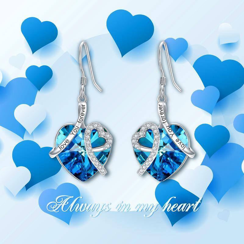 Sterling Silver Heart Crystal Heart Drop Earrings with Engraved Word-6