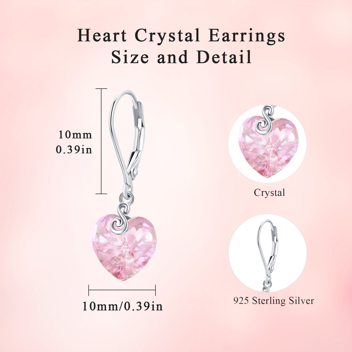 Sterling Silver Heart Crystal Drop Earrings For Women-4