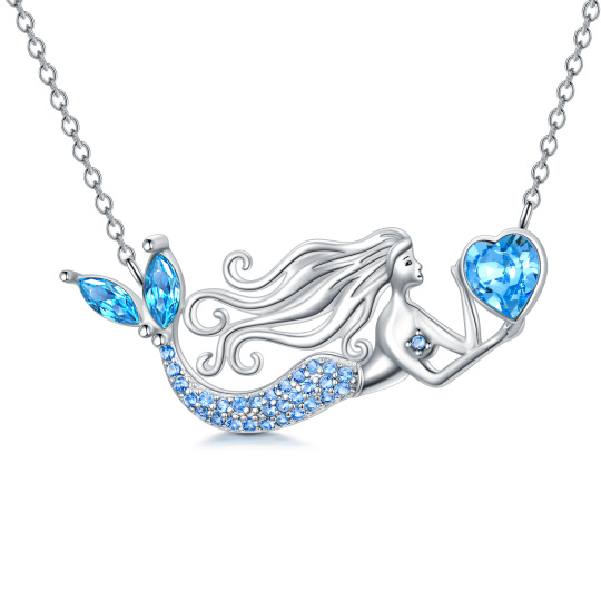 Collier en argent sterling avec pendentif sirène en forme de coeur en cristal