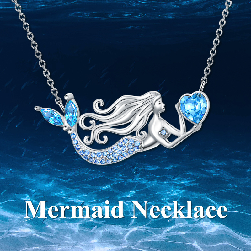 Sterling Silver Heart Crystal Mermaid Pendant Necklace-4